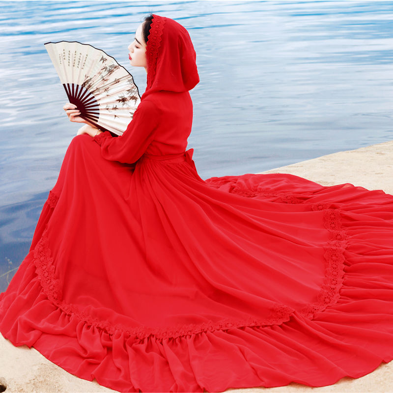 夏旅游拍照大红色长裙新款仙女雪纺连衣裙连帽度假沙滩裙大摆长裙