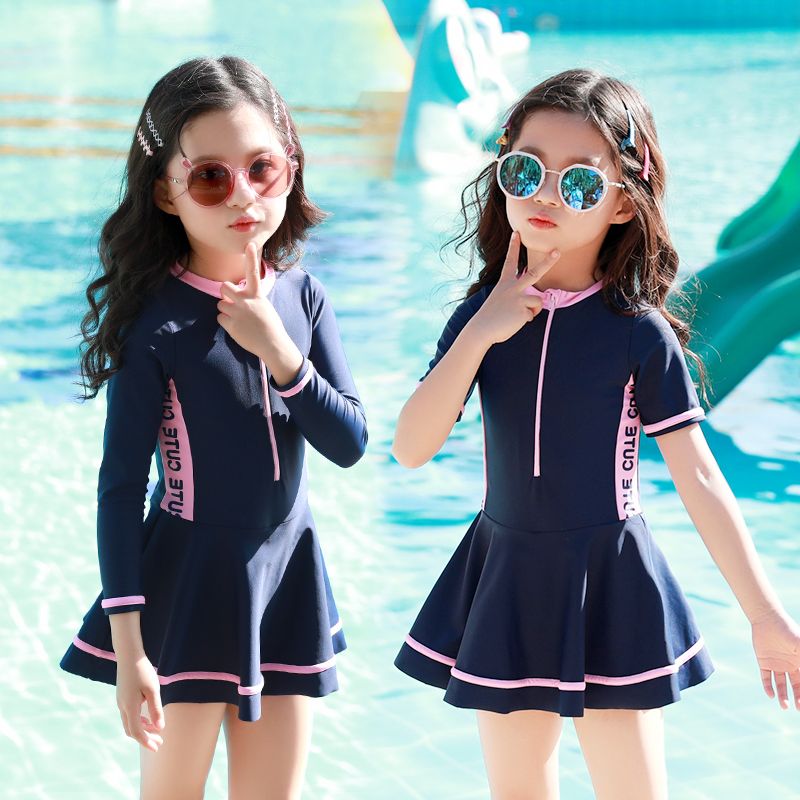 儿童泳衣女童长袖防晒连体女孩中大童韩国公主连体可爱洋气游泳衣