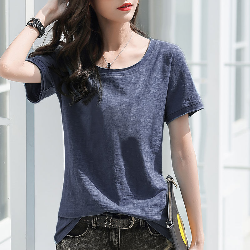 T-shirt female short sleeve loose Korean new summer slubby cotton round neck large versatile body top