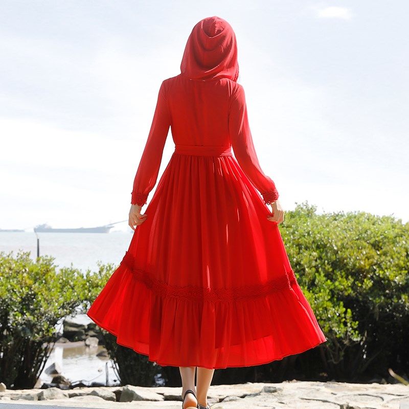 夏旅游拍照大红色长裙新款仙女雪纺连衣裙连帽度假沙滩裙大摆长裙