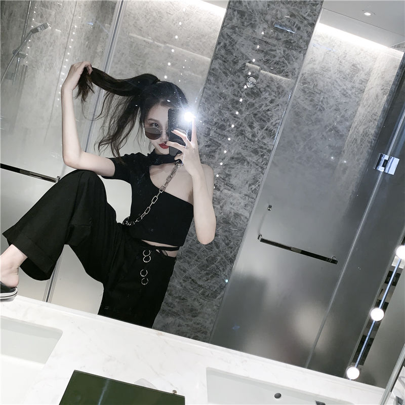 European and American style tight short high waist navel exposed t-shirt female niche sexy nightclub black slim fashion women's top