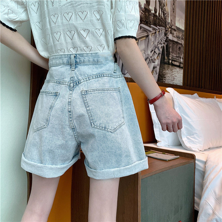 Light-colored wide-leg denim shorts for women, loose summer style, new Korean style high-waisted student slimming and versatile rolled-hem pants