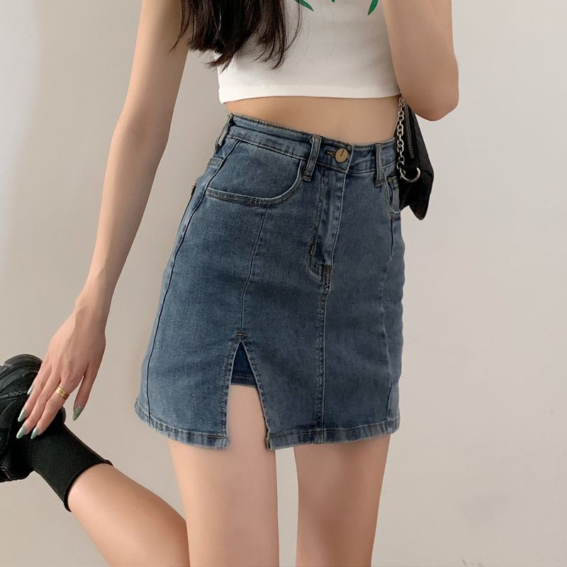 Summer 2020 new Korean high waisted versatile show thin side slit buttock half length A-line skirt jeans skirt women's wear