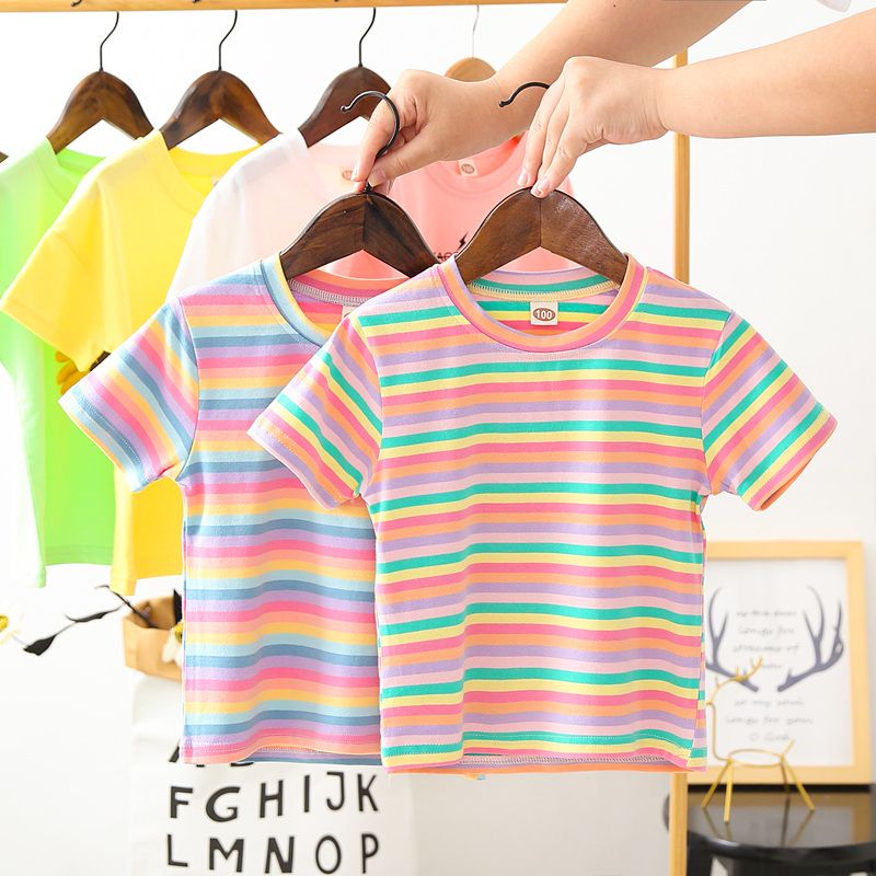 Girls' T-shirt 2020 summer new Rainbow Stripe children's T-shirt Korean version children's short sleeve top fashion for girls