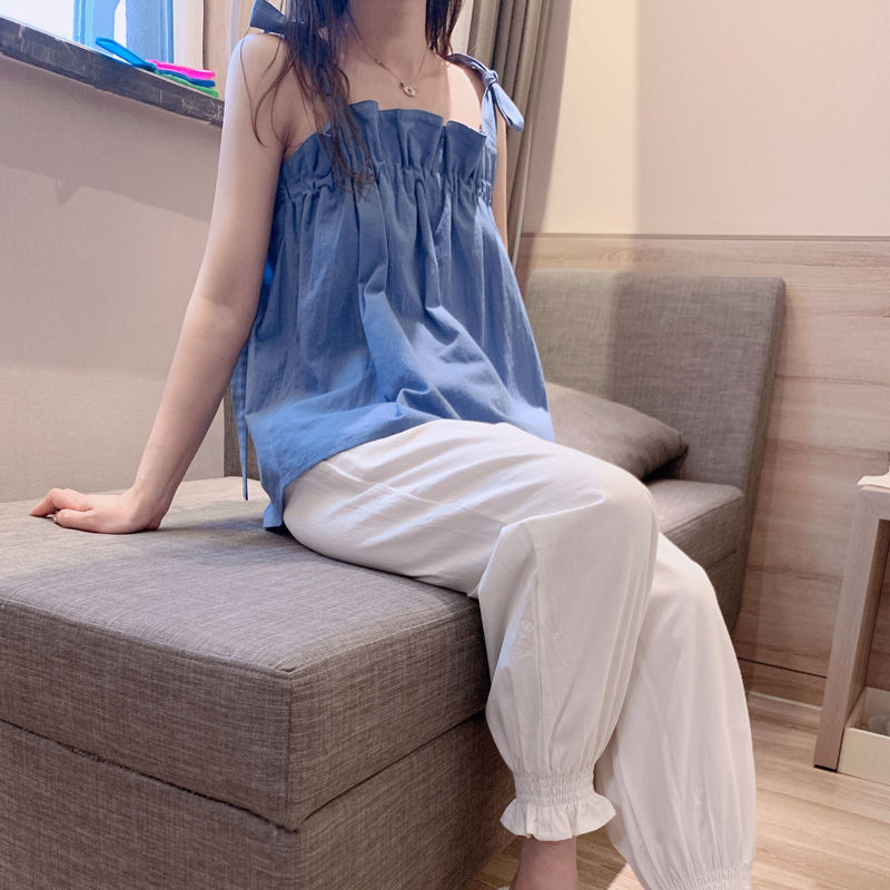 100%纯棉吊带套装睡衣女夏天甜美少女夏季家居服新疆棉可外穿睡衣【5