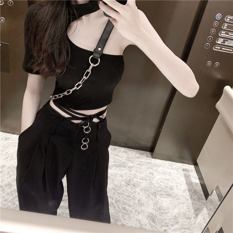 European and American style tight short high waist navel exposed t-shirt female niche sexy nightclub black slim fashion women's top