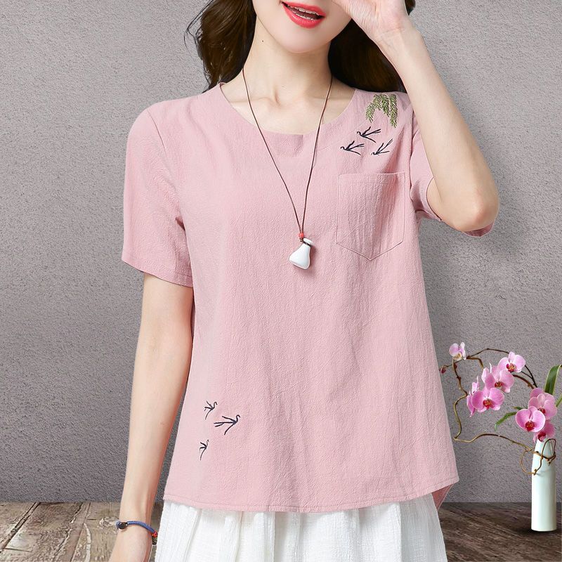 Cotton and linen tops women's clothing  summer new ethnic style literary embroidery large size loose linen short-sleeved t-shirt women