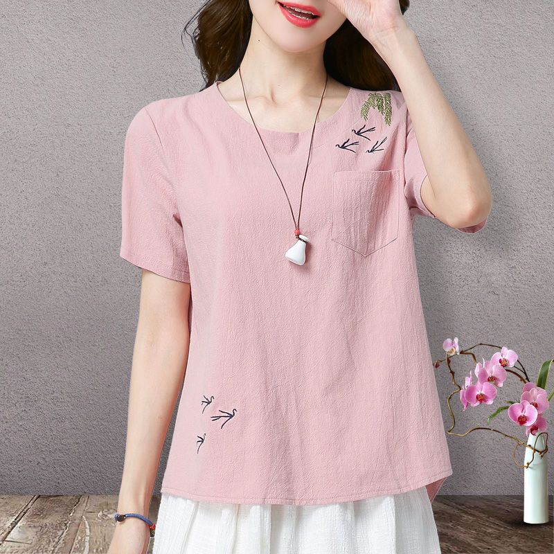 Cotton and linen tops women's clothing 2023 summer new ethnic style literary embroidery large size loose linen short-sleeved t-shirt women