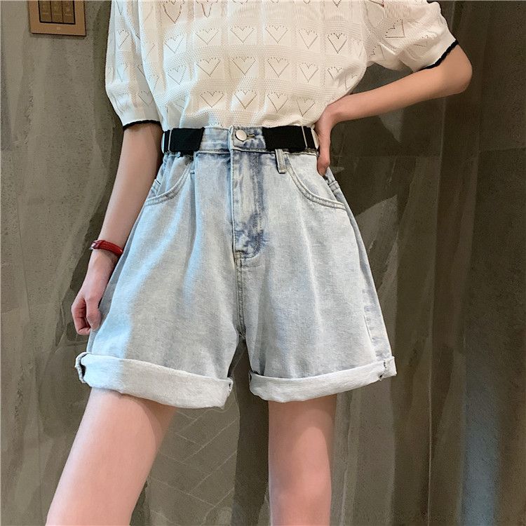 Light-colored wide-leg denim shorts for women, loose summer style, new Korean style high-waisted student slimming and versatile rolled-hem pants