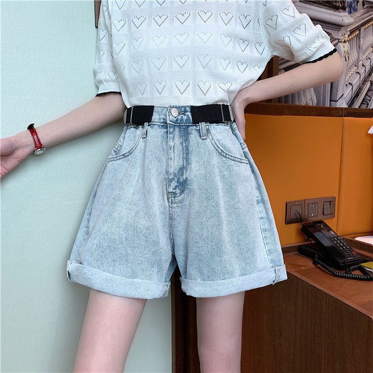 Light-colored wide-leg denim shorts for women, loose summer style, new Korean style high-waisted student slimming and versatile rolled-hem pants