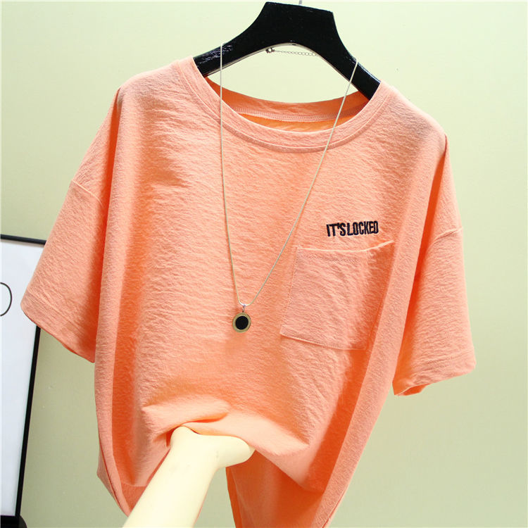 100% cotton summer new short sleeve T-shirt large women's loose and thin embroidered letter pocket top women's fashion