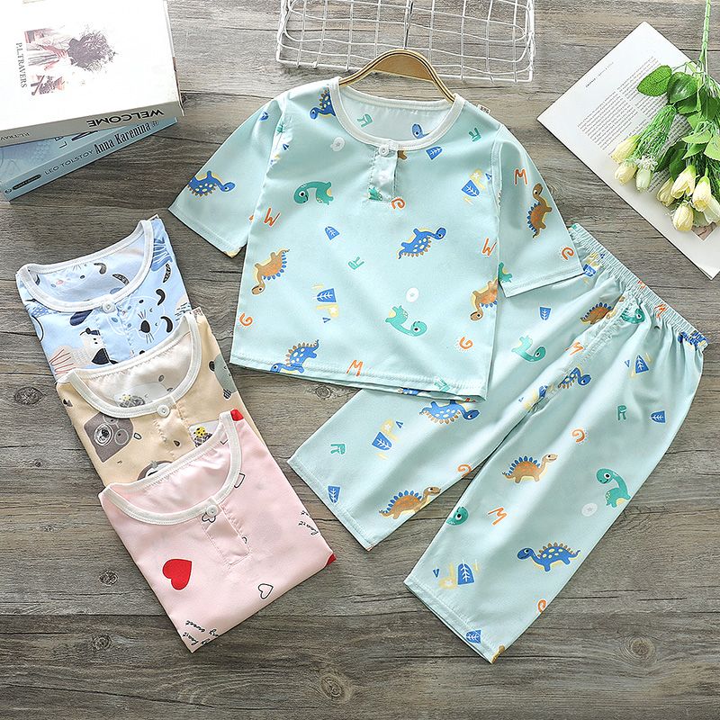 Children's home wear summer new washed cotton suit boys and girls air conditioning clothing thin 7-point sleeve pants pajamas
