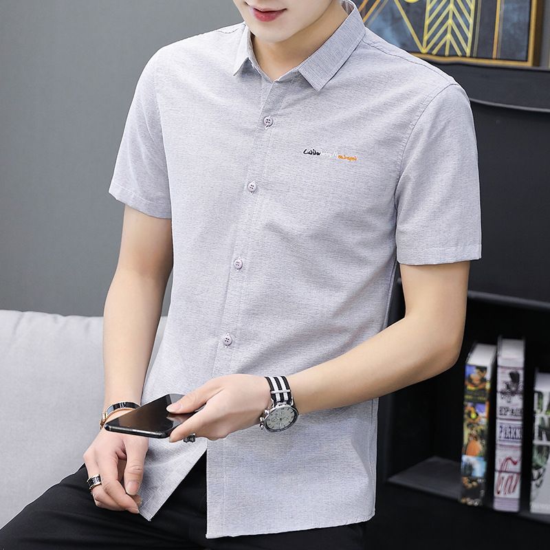  Short-sleeved Shirt Men's Summer Slim Stand Collar Fashion Handsome Men's Bottom Casual Shirt Thin Korean Trend
