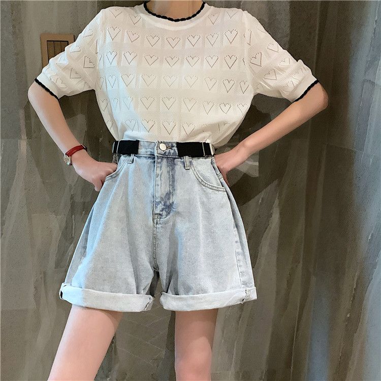 Light-colored wide-leg denim shorts for women, loose summer style, new Korean style high-waisted student slimming and versatile rolled-hem pants