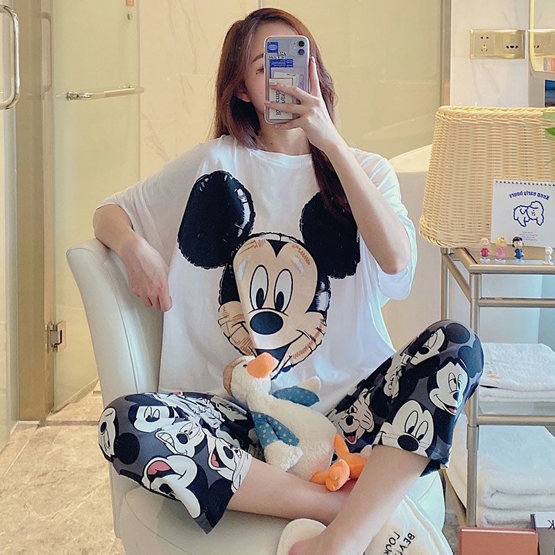 Pajamas female summer short sleeve cartoon Mickey Mouse sweet lovely loose thin sleeve student suit home clothes