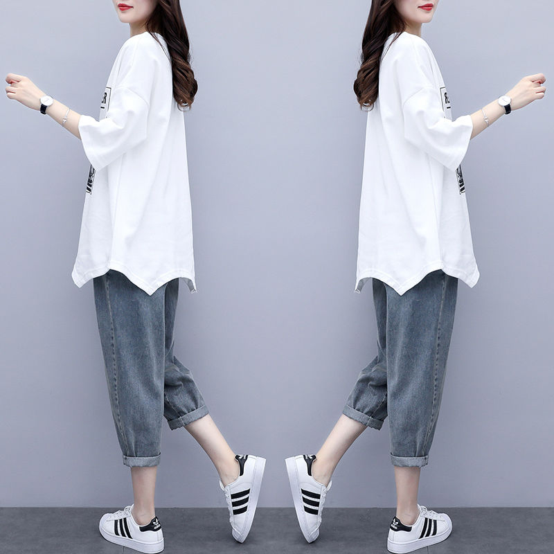 单件/套装 新夏季新款韩版T恤大码女装宽松休闲牛仔裤洋气两件套