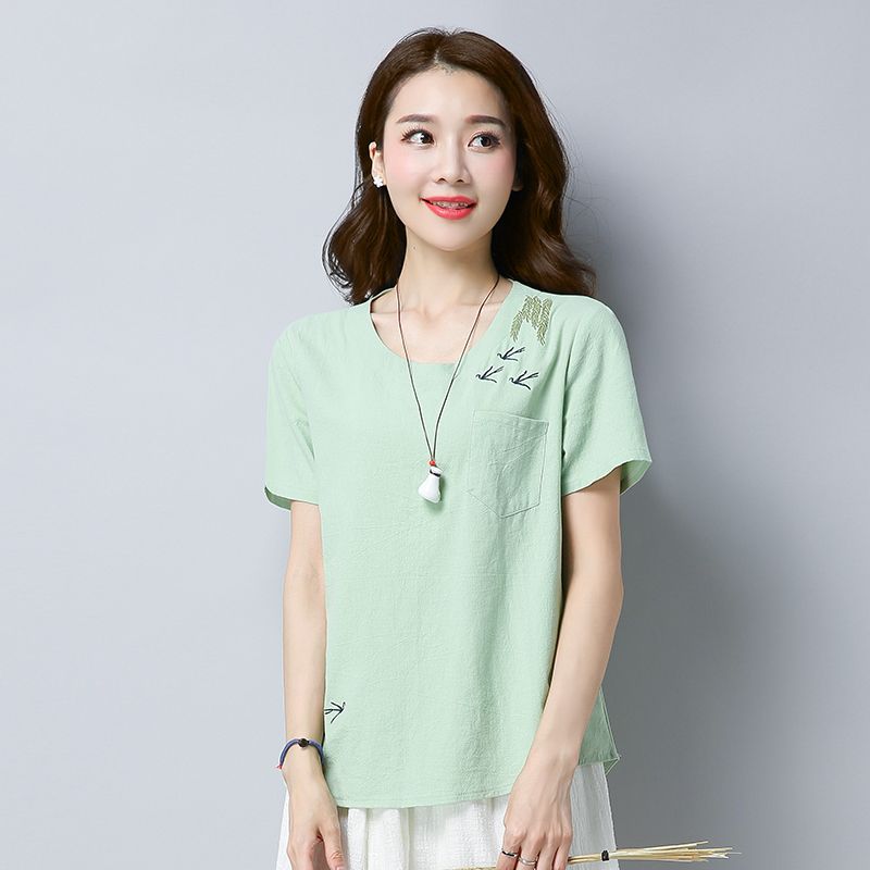 Cotton and linen tops women's clothing  summer new ethnic style literary embroidery large size loose linen short-sleeved t-shirt women