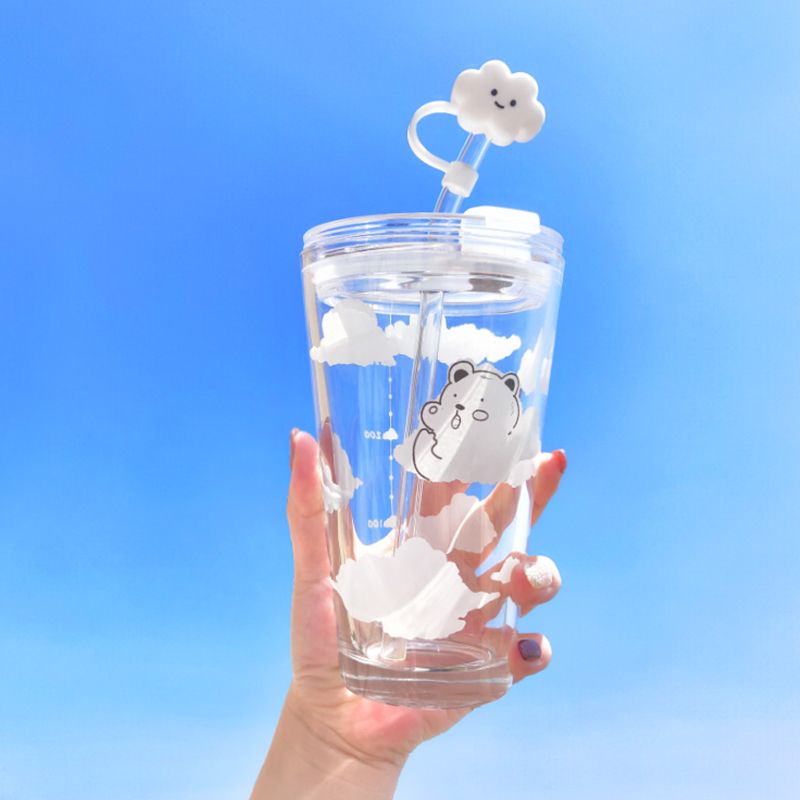 云朵小熊玻璃水杯学生女ins简约吸管杯清新森系夏季韩版早餐杯子