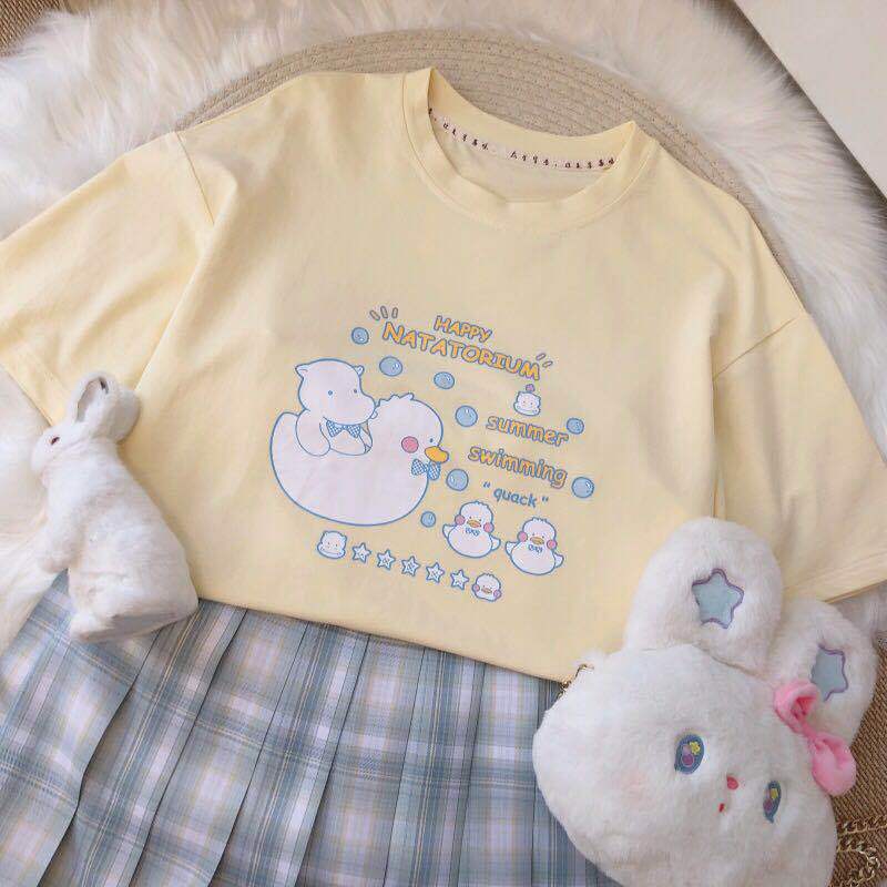 Summer new Japanese soft girl cute cartoon duck print loose Pullover short sleeve T-shirt student girl cute