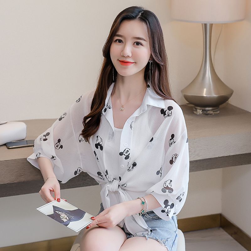 【送吊帶】小披肩夏短款米奇印花雪紡披肩女外搭配裙子開衫防曬衣