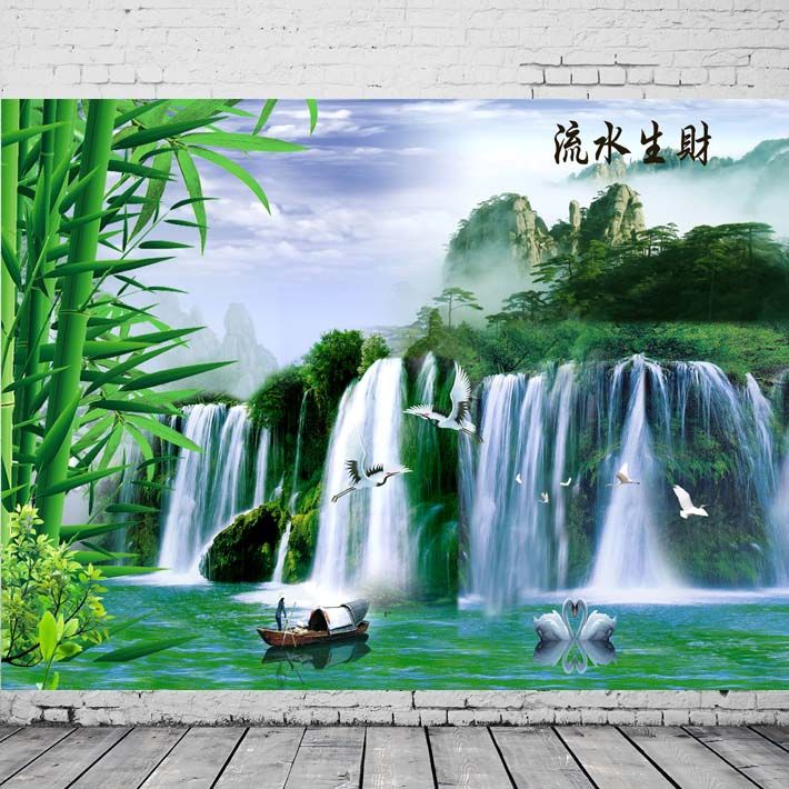 竹报平安流水生财瀑布自然山水风景画靠山招财画聚宝盆中堂画27