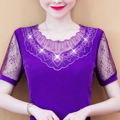 8226/蕾丝衫女士短袖网纱上衣2020夏装新款宽松显瘦洋气打底衫绣花小衫