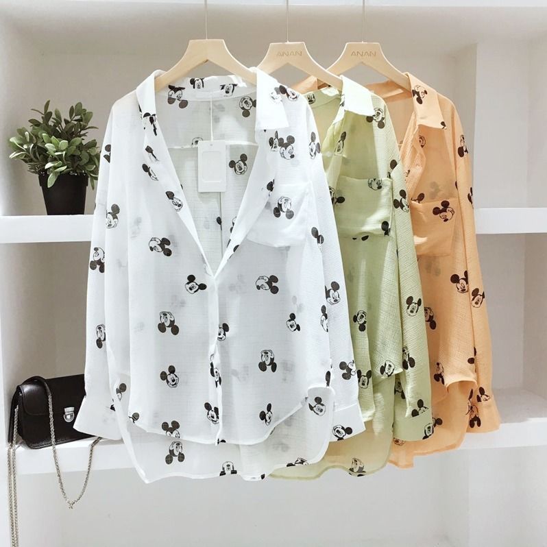 Sunscreen 2020 summer Korean cartoon Mickey print cardigan women's loose thin long sleeve with chiffon shirt