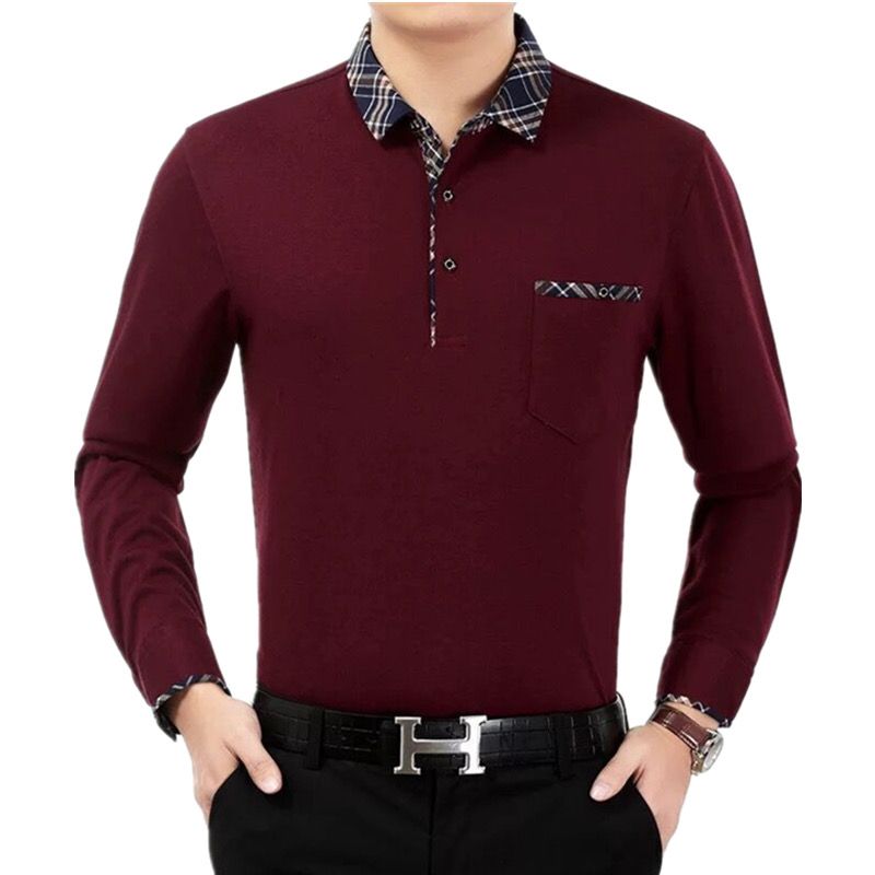 Spring and autumn clothing solid color pocket cotton T-shirt men's clothing middle-aged and elderly long-sleeved loose version father's clothing POLO shirt T-shirt top