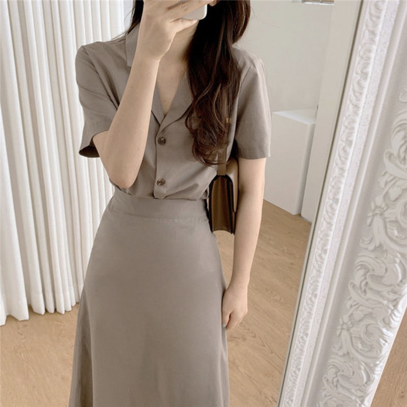 2020 summer new fashion suit collar Short Sleeve Top + high waist skirt two piece fashion suit