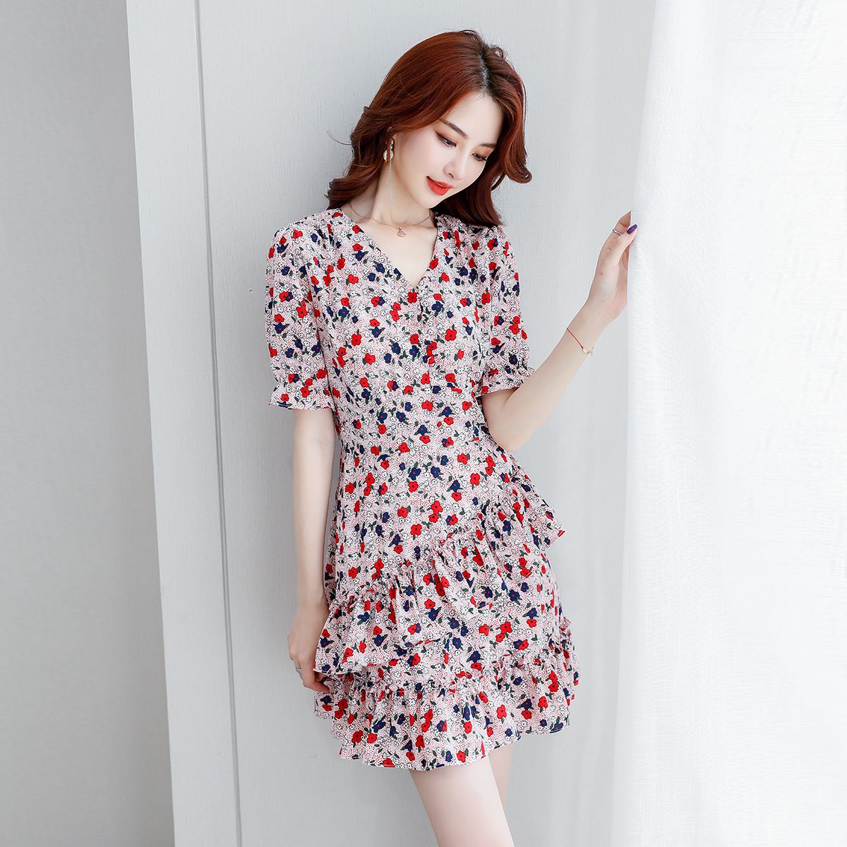 性感新款短袖修身连衣裙夏装碎花小个子