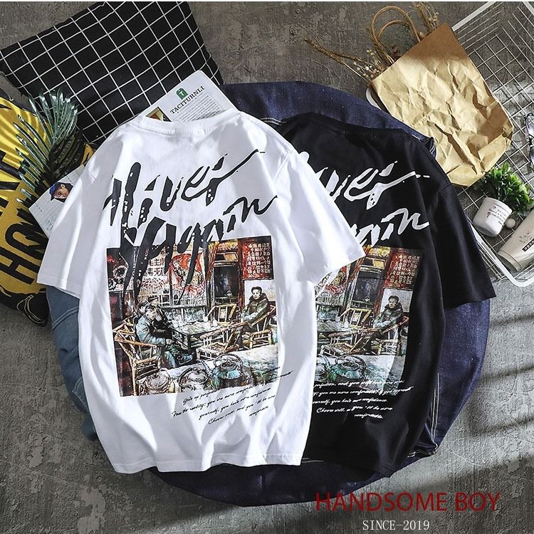 Ins summer fashion brand Vintage Print short sleeve trendy men loose T-shirt youth Vintage student couple top Hong Kong style man