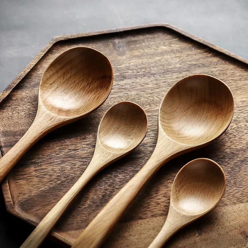 Japanese-style creative beech wood long handle solid wood spoon home unpainted small spoon porridge spoon kitchen wooden spoon large wooden spoon