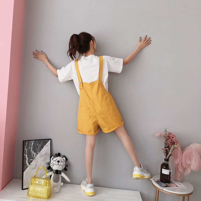 New thin solid color wide leg backpack shorts Korean loose casual versatile summer one-piece backpack pants