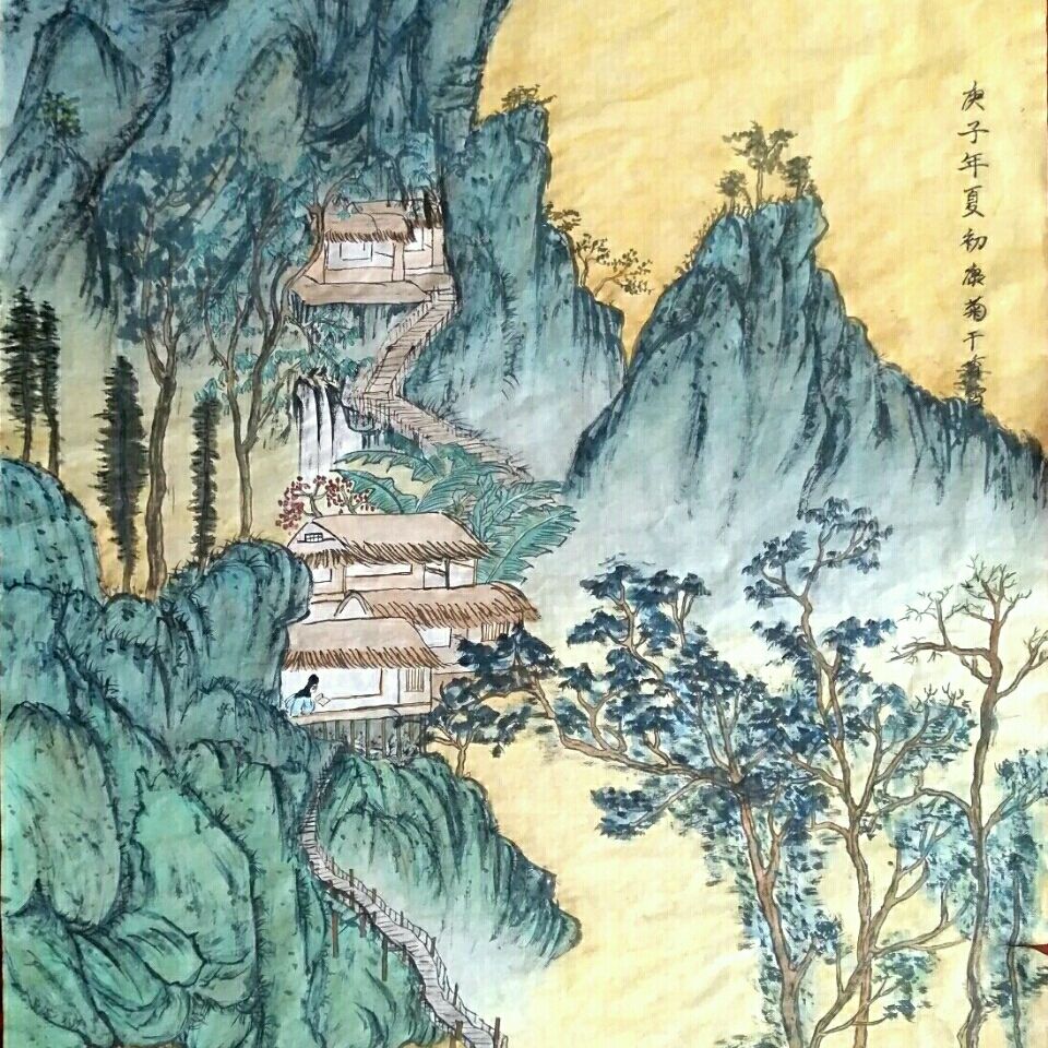 青绿山水《溪山春雨图》四尺整张,康菊老师作品
