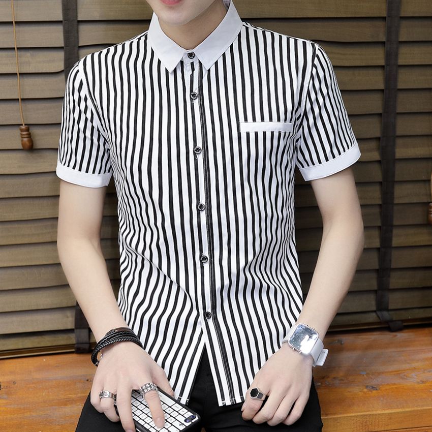 2023 Summer Men's Short-sleeved Shirt Korean Style Slim Striped Shirt Professional Work Men's Trendy Handsome Inch Shirt
