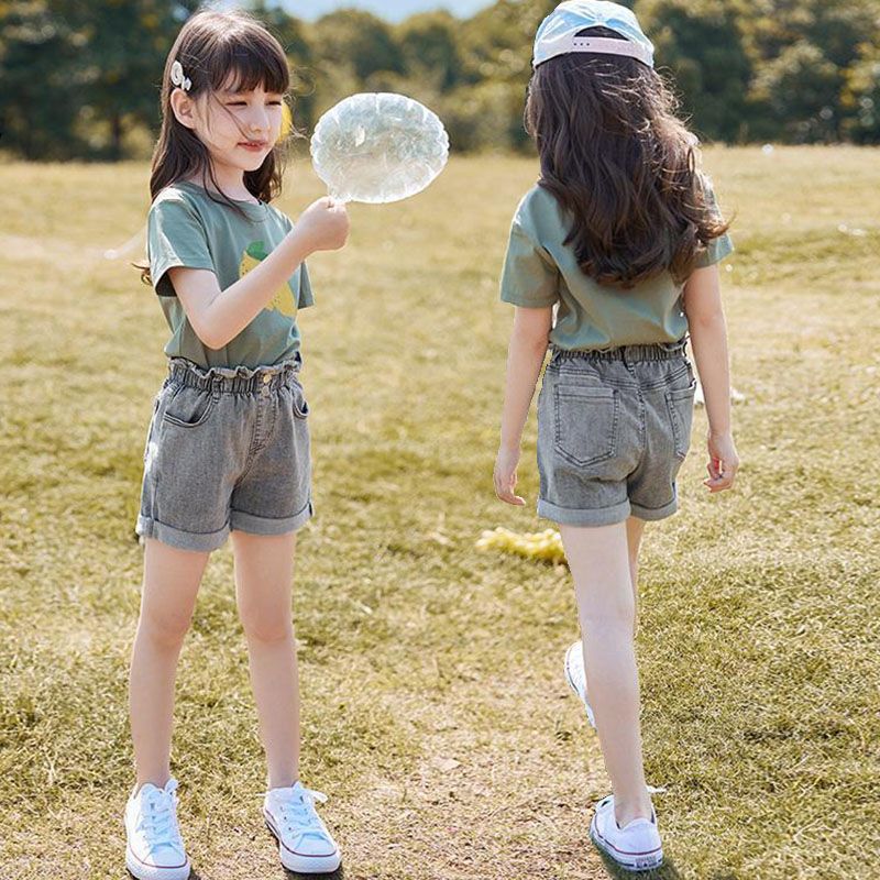 Children's clothing girls summer suit new style foreign style clothes children's short sleeve summer denim shorts two piece set fashion