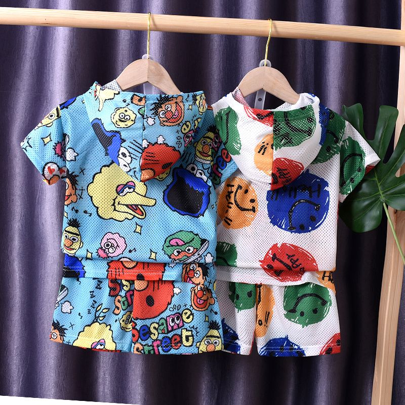 Boy's summer suit handsome 2020 new fashion one year old children's short sleeve baby hollow Hooded Baby Clothes thin