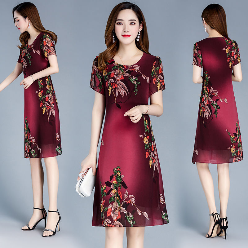 2020 spring new fashion middle aged mother's large casual print Retro Mid long skirt slim Short Sleeve Dress