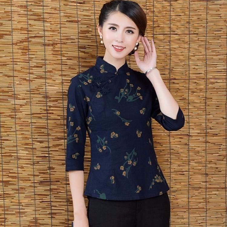 新款唐装女士夏款中式民族风女装汉服改良短袖七分袖棉麻旗袍上衣