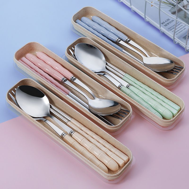 不锈钢筷子勺子套装便携餐具三件套叉子学生上班族单人收纳盒