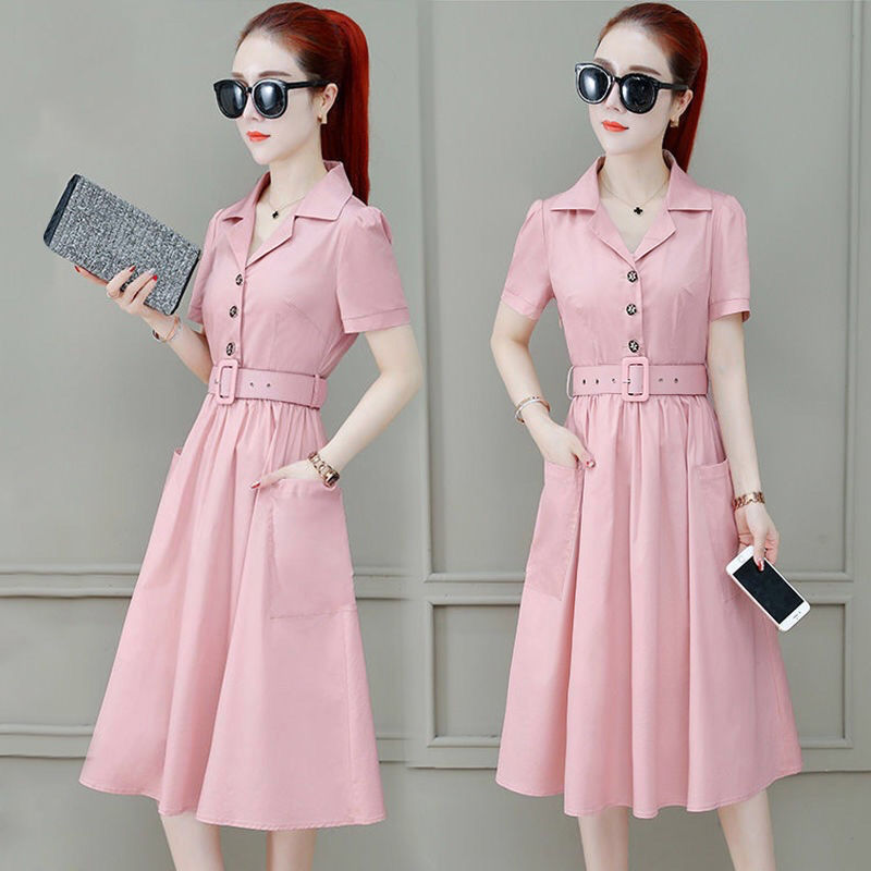 [send belt] dress girl summer 2020 new style waist closing fairy skirt short sleeve medium length skirt