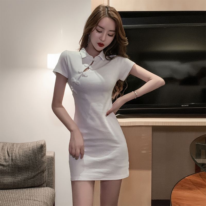 Cheongsam young girl temperament waist tuck Lapel sexy daily slim dress