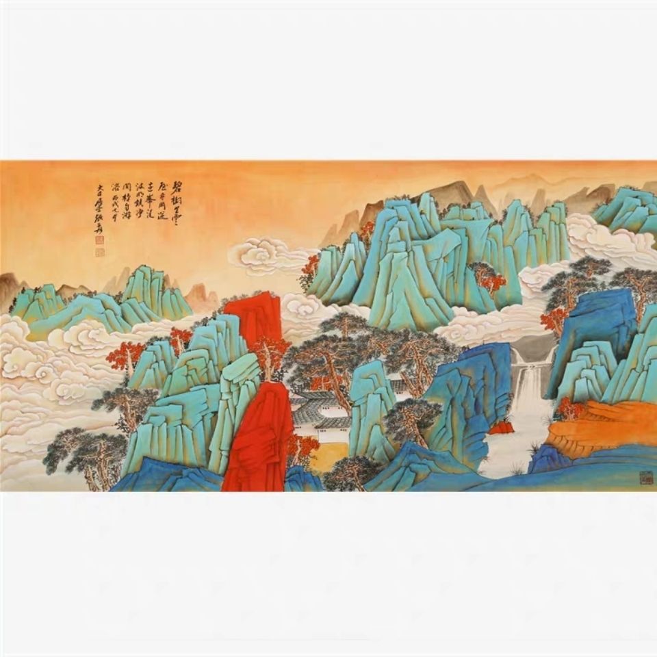 张大千国画手绘四尺横幅精品工笔青绿山水画古玩装饰收藏送礼字画