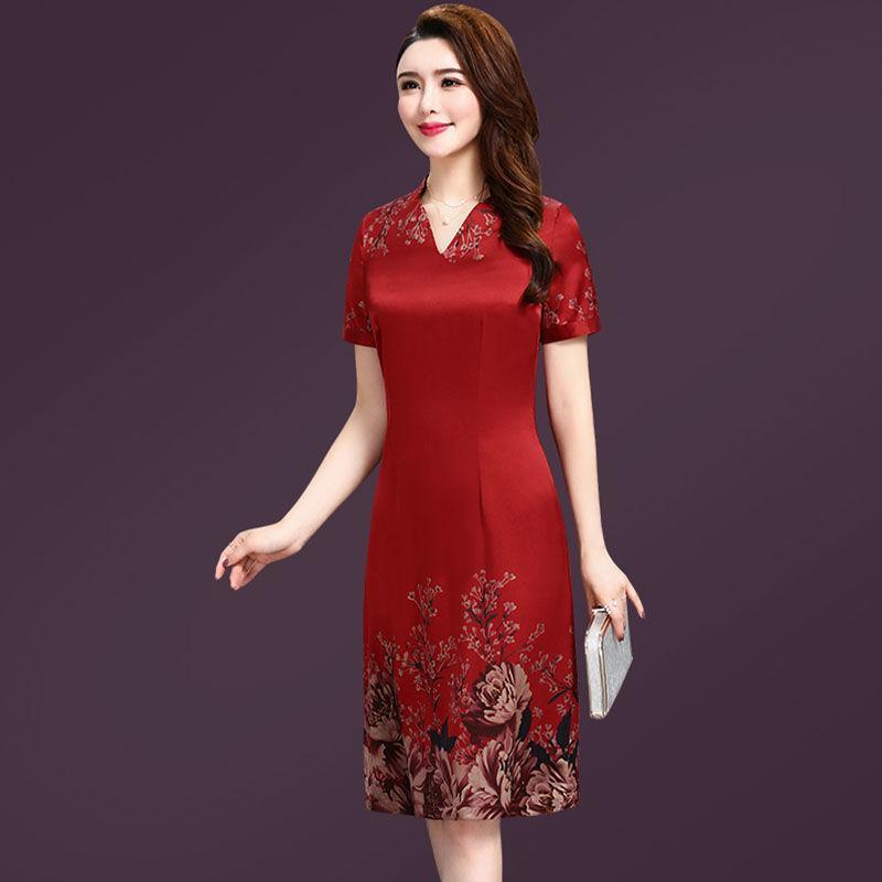 [today's special offer] Hangzhou silk imitation middle aged and elderly mother's imitation heavy silk dress medium length skirt
