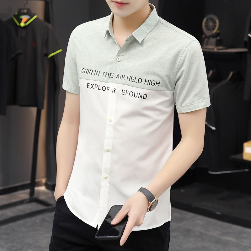 夏季短袖男衬衫韩版潮流帅气格子衬衣小清新衣服男装修身上班寸衫