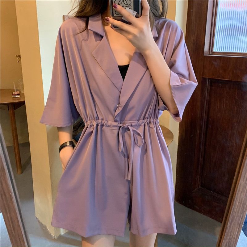 Purple Jumpsuit women's summer 2020 new style waist closing slim suit collar wide leg shorts ins small dress