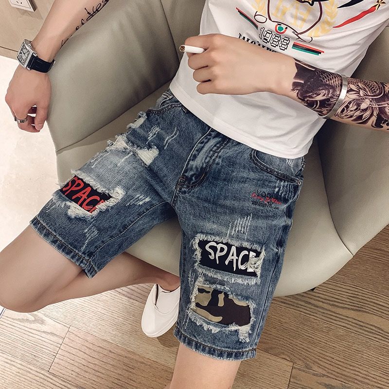 Summer net red broken hole denim shorts men's social spirit boy Korean version trend slim fit Capris versatile pants
