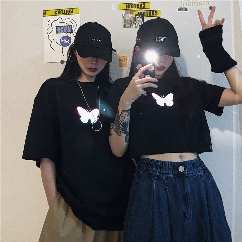 Short top women's summer new black open navel butterfly print T-shirt short sleeve fashion Harajuku style half sleeve