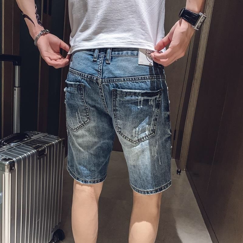 Summer net red broken hole denim shorts men's social spirit boy Korean version trend slim fit Capris versatile pants