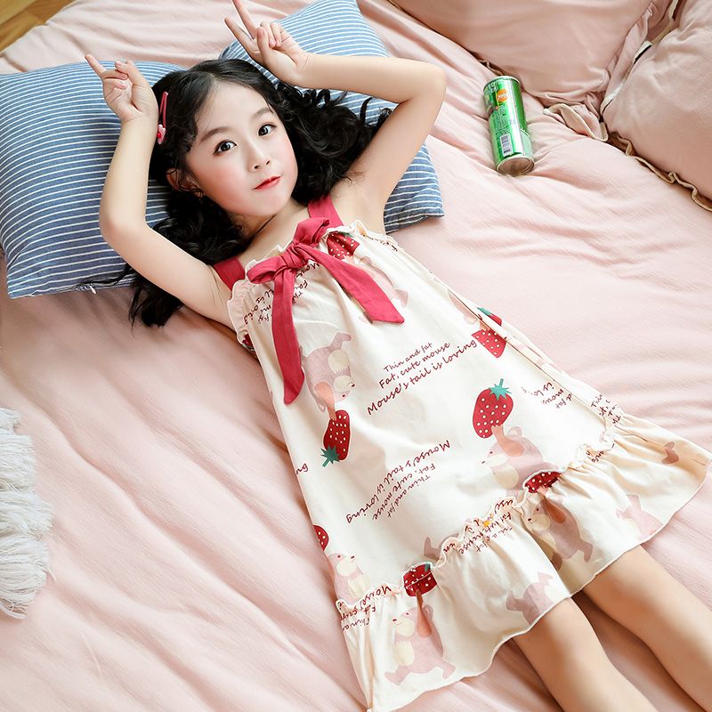 女童睡衣夏季兒童公主吊帶睡裙甜美可愛純棉小女孩中大童親子母女